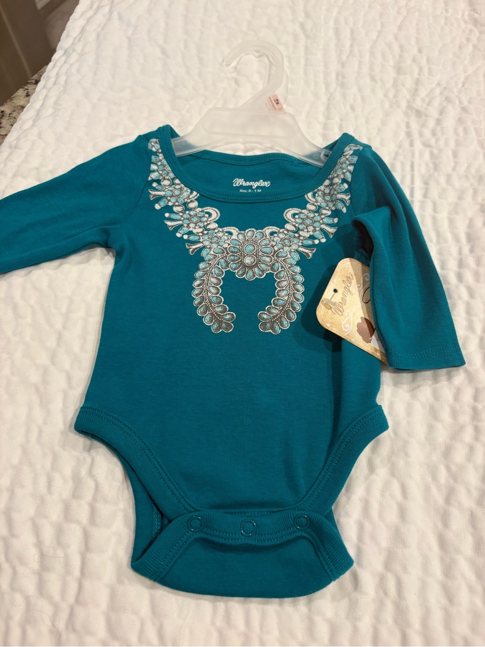 Wrangler Teal Long-Sleeve Baby Bodysuit with Decorative Neckprint